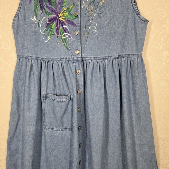 VTG PTNY Denim Jean Midi Dress Jumper XL Blue Cotton Sleeveless Painted Design - Picture 4 of 16